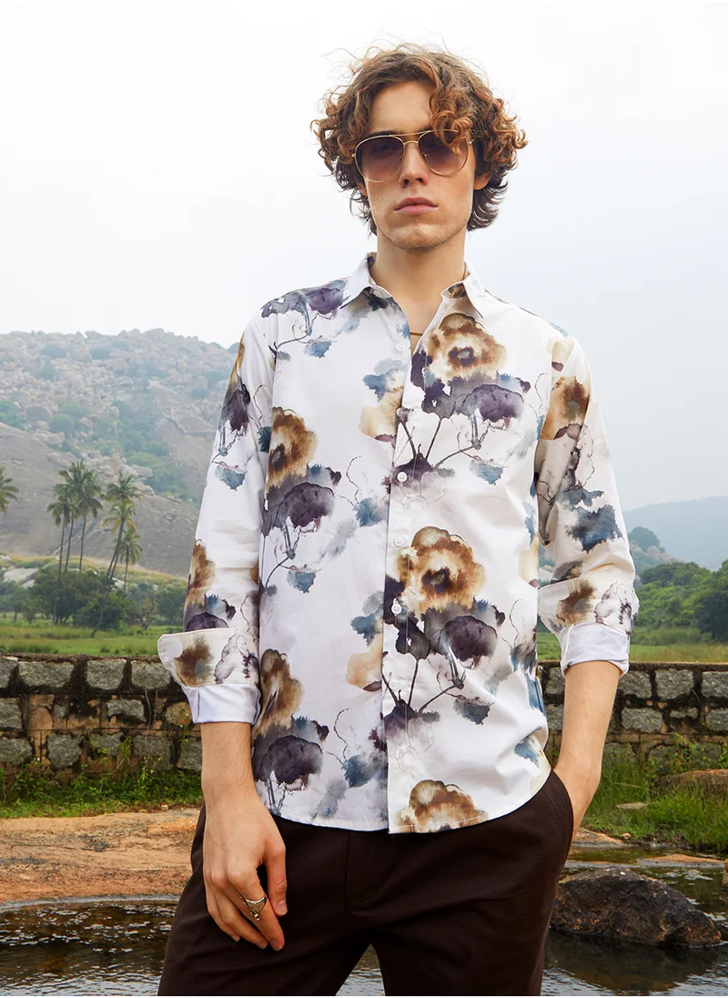 Campus Sutra Men's Off-White Earthy Splotch Shirt