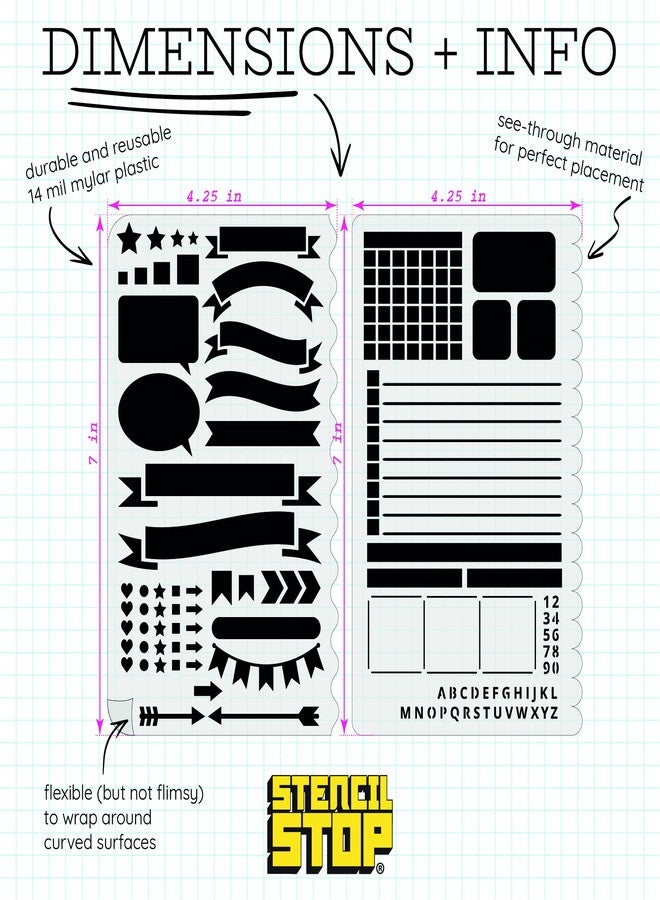 Stencil Stop Journal & Planner Stencils Set - Reusable Journal Stencils for Bullet Journaling, Scrapbooking & A5 Notebooks (4.25 x 7 Inches) - Great for Planning, Layouts, Habit Tracking & More - Image 2
