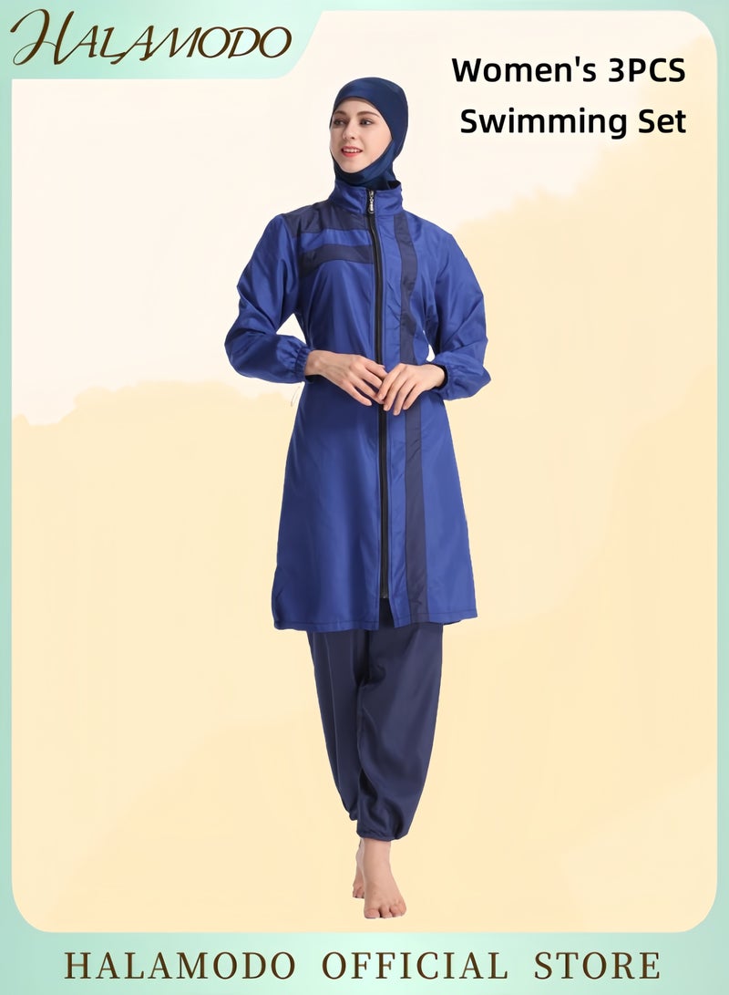 HALAMODO Women's 3pcs Swimsuit Full Coverage Swimwear Beachwear Swimming Suit of Islamic Long Sleeve Oversize Coat & Drawstring Swim Pants & Swimming Cap for Modest Islamic Hijab Ladies - Image 1