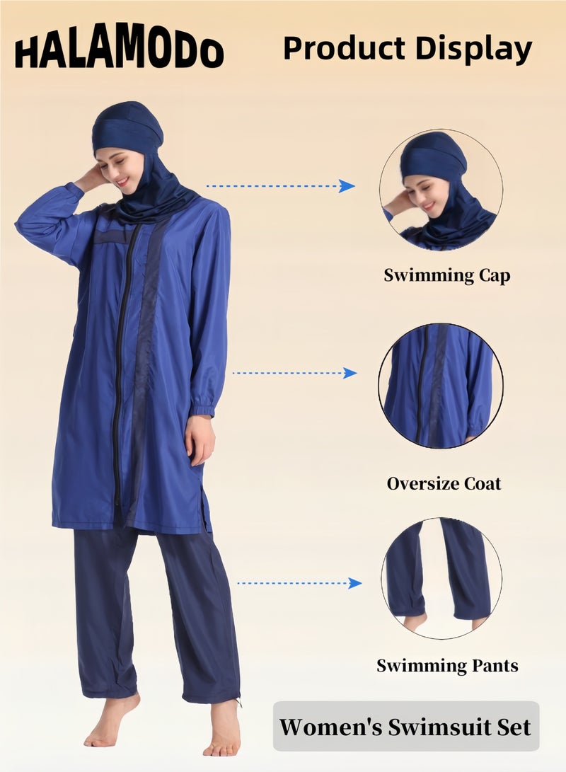 HALAMODO Women's 3pcs Swimsuit Full Coverage Swimwear Beachwear Swimming Suit of Islamic Long Sleeve Oversize Coat & Drawstring Swim Pants & Swimming Cap for Modest Islamic Hijab Ladies - Image 2