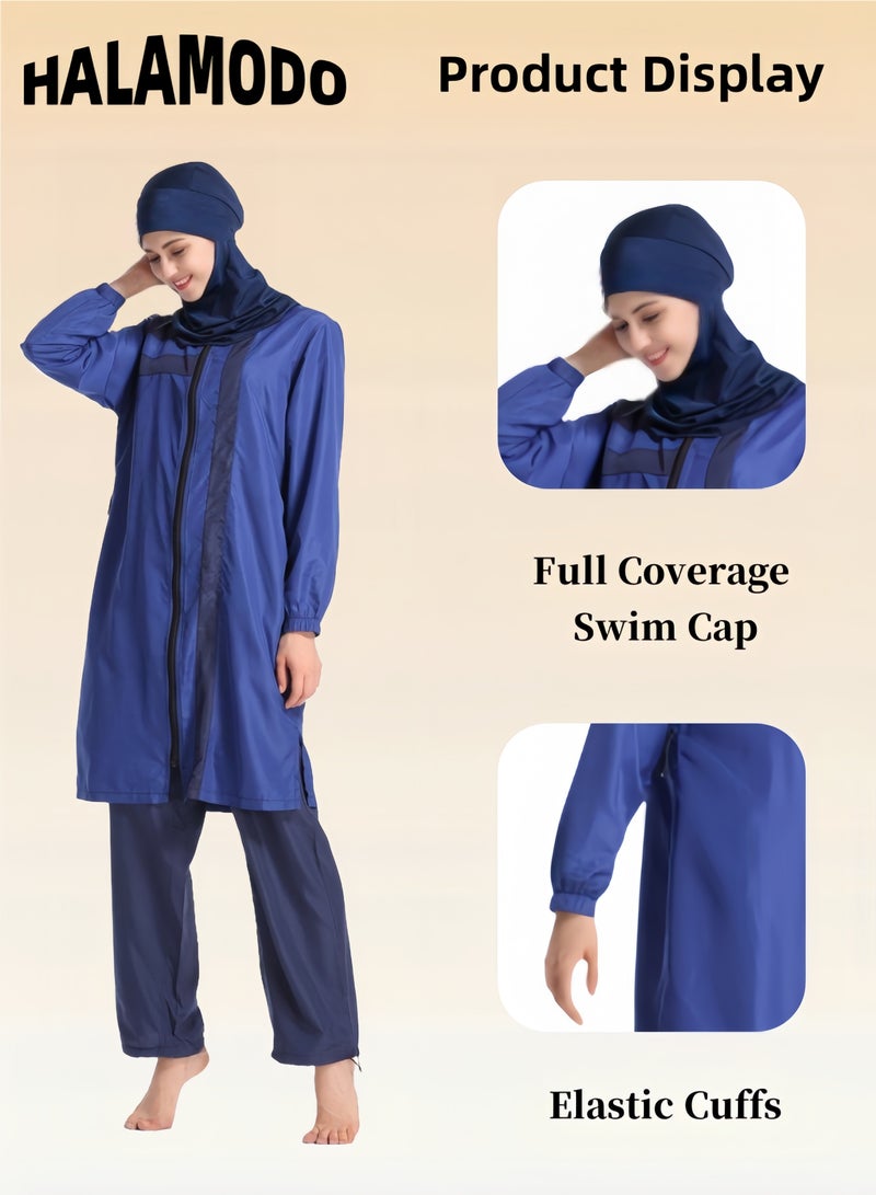 HALAMODO Women's 3pcs Swimsuit Full Coverage Swimwear Beachwear Swimming Suit of Islamic Long Sleeve Oversize Coat & Drawstring Swim Pants & Swimming Cap for Modest Islamic Hijab Ladies - Image 3