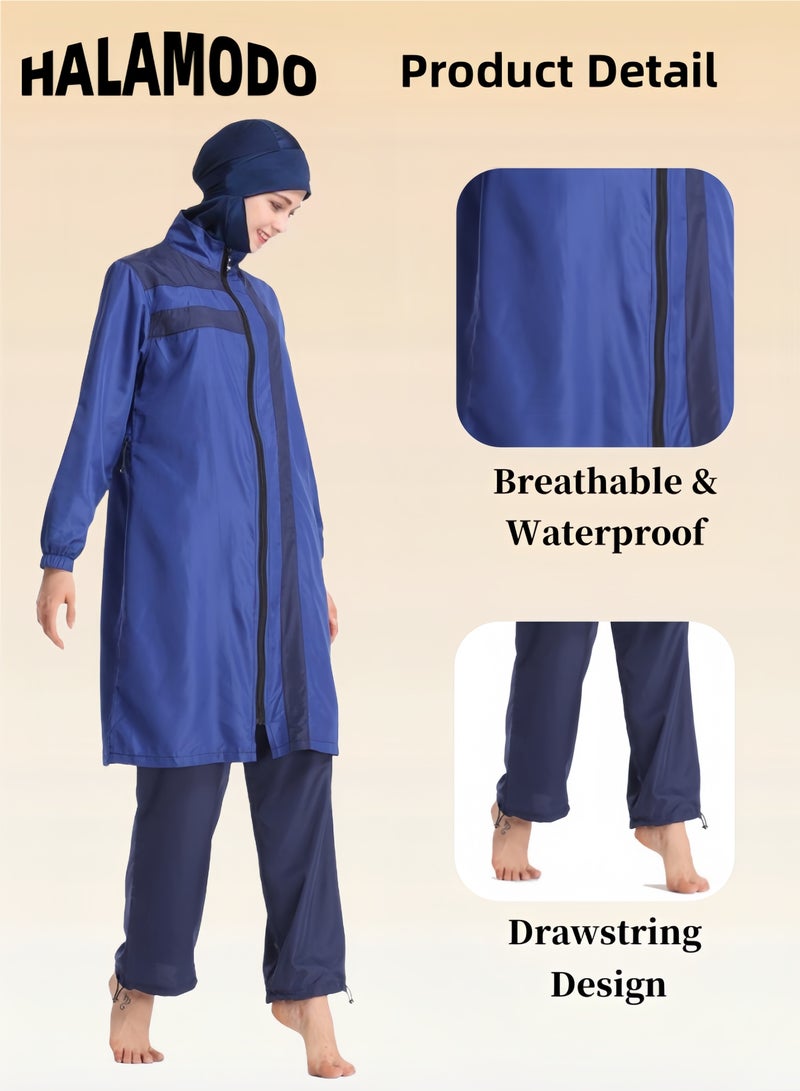 HALAMODO Women's 3pcs Swimsuit Full Coverage Swimwear Beachwear Swimming Suit of Islamic Long Sleeve Oversize Coat & Drawstring Swim Pants & Swimming Cap for Modest Islamic Hijab Ladies - Image 4