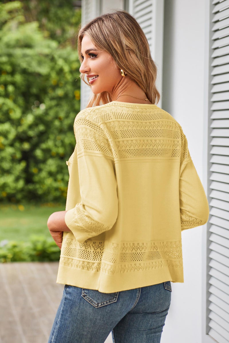 GRACE KARIN Women's Cropped Cardigan 3/4 Sleeve Lightweight Crochet Shrug Hollowed-Out Knit Sweater Tops Yellow M - Image 3