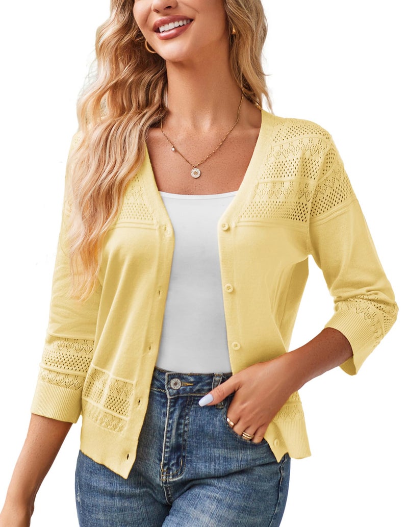 GRACE KARIN Women's Cropped Cardigan 3/4 Sleeve Lightweight Crochet Shrug Hollowed-Out Knit Sweater Tops Yellow M - Image 1