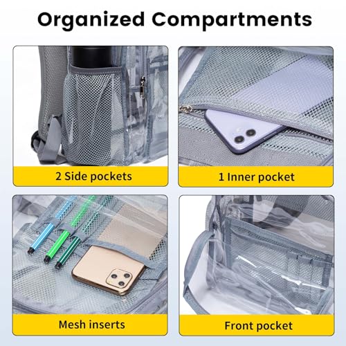 Vorspack Clear Backpack Heavy Duty PVC Transparent Backpack with Reinforced Strap Stitches & Large Capacity for College Workplace Security - Grey - Image 5