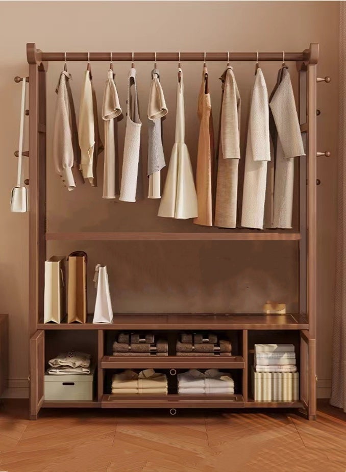 Kutis 2-in-1 Bamboo Clothes Organizer and Storage Shelf Clothes Rack Space Saving Hanging Rack with Hooks Brown 100x30x170 cm - Image 1