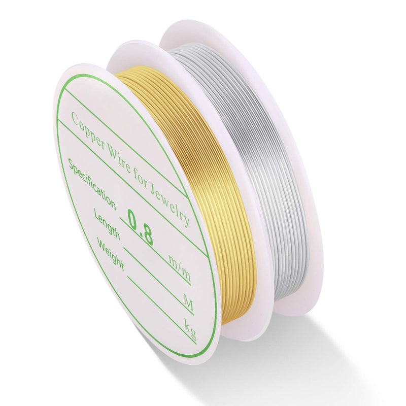 MIKIMIQI 2 Pack Jewelry Craft Wire - 20 Gauge Tarnish Resistant Copper Beading Wire for Jewelry Making, 0.8mm X 3m Each (Gold, Silver) - Image 1