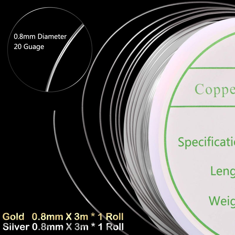 MIKIMIQI 2 Pack Jewelry Craft Wire - 20 Gauge Tarnish Resistant Copper Beading Wire for Jewelry Making, 0.8mm X 3m Each (Gold, Silver) - Image 4