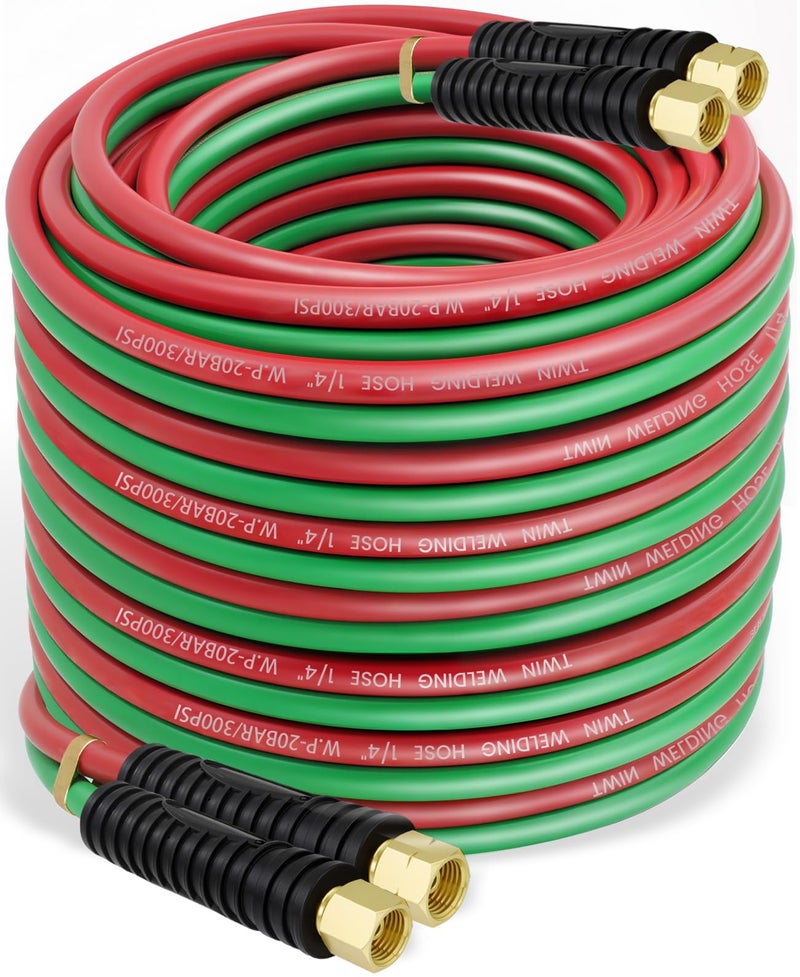 RX WELD Oxygen Acetylene Hose, 1/4-Inch × 100 Feet Twin Welding Hose with 9/16"-18 B Fittings, Grade R for Torch, Regulator Set - Image 1