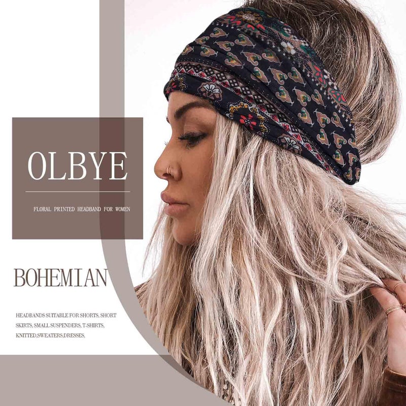 Olbye Wide Boho Headbands Floral Stretch Head Wraps Bohemian African Turban Hairbands Knotted Bandana Headband Yoga Running Head Scarfs Workout Hair Accessories for Women 4Pcs (Boho, 9.4 * 5.9'') - Image 4