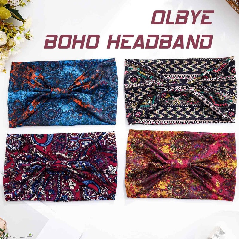 Olbye Wide Boho Headbands Floral Stretch Head Wraps Bohemian African Turban Hairbands Knotted Bandana Headband Yoga Running Head Scarfs Workout Hair Accessories for Women 4Pcs (Boho, 9.4 * 5.9'') - Image 2