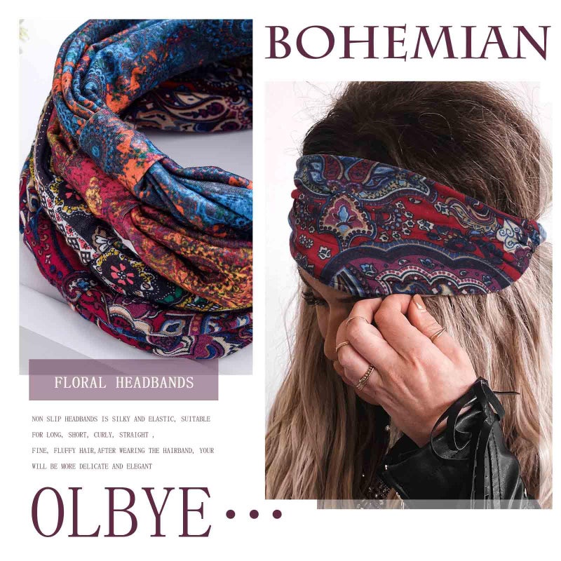 Olbye Wide Boho Headbands Floral Stretch Head Wraps Bohemian African Turban Hairbands Knotted Bandana Headband Yoga Running Head Scarfs Workout Hair Accessories for Women 4Pcs (Boho, 9.4 * 5.9'') - Image 3