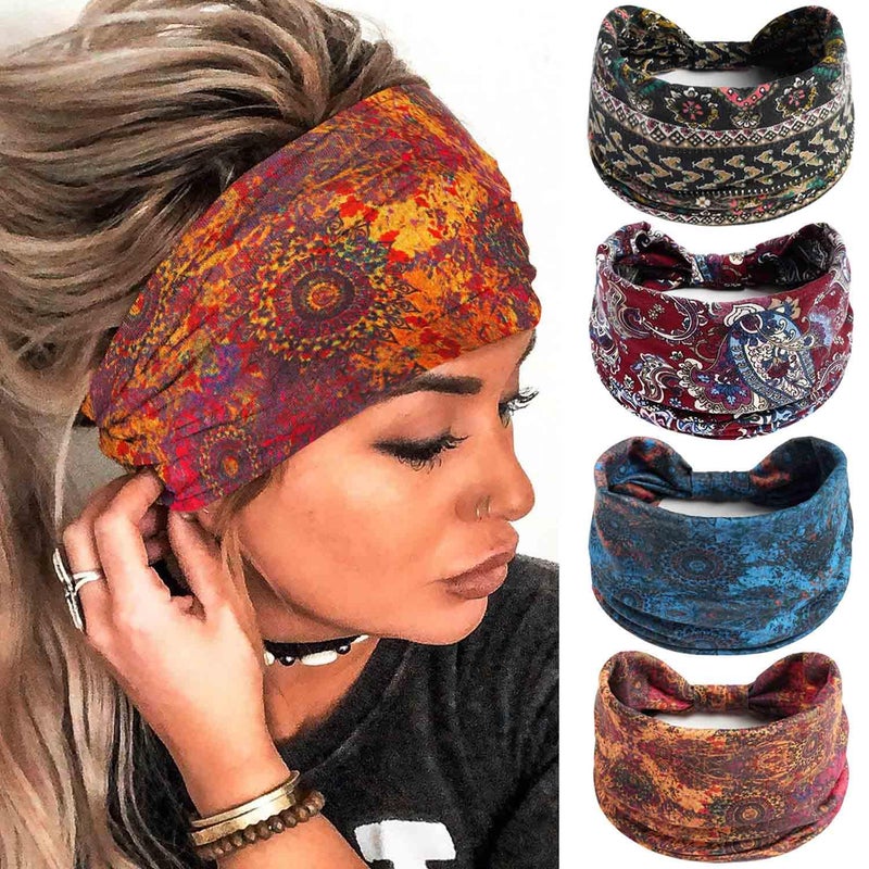 Olbye Wide Boho Headbands Floral Stretch Head Wraps Bohemian African Turban Hairbands Knotted Bandana Headband Yoga Running Head Scarfs Workout Hair Accessories for Women 4Pcs (Boho, 9.4 * 5.9'') - Image 1
