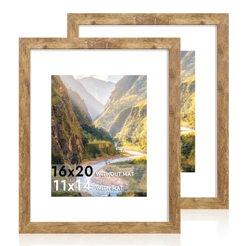 iRahmen 16x20 Picture Frame Set of 2 with Plexiglass, Display Pictures 11x14 with Mat or 16 x 20 Without Mat, Rustic Brown Wood Poster Frame for Photo Wall Gallery Mounting - Image 1