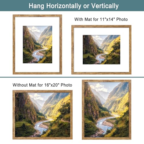 iRahmen 16x20 Picture Frame Set of 2 with Plexiglass, Display Pictures 11x14 with Mat or 16 x 20 Without Mat, Rustic Brown Wood Poster Frame for Photo Wall Gallery Mounting - Image 3