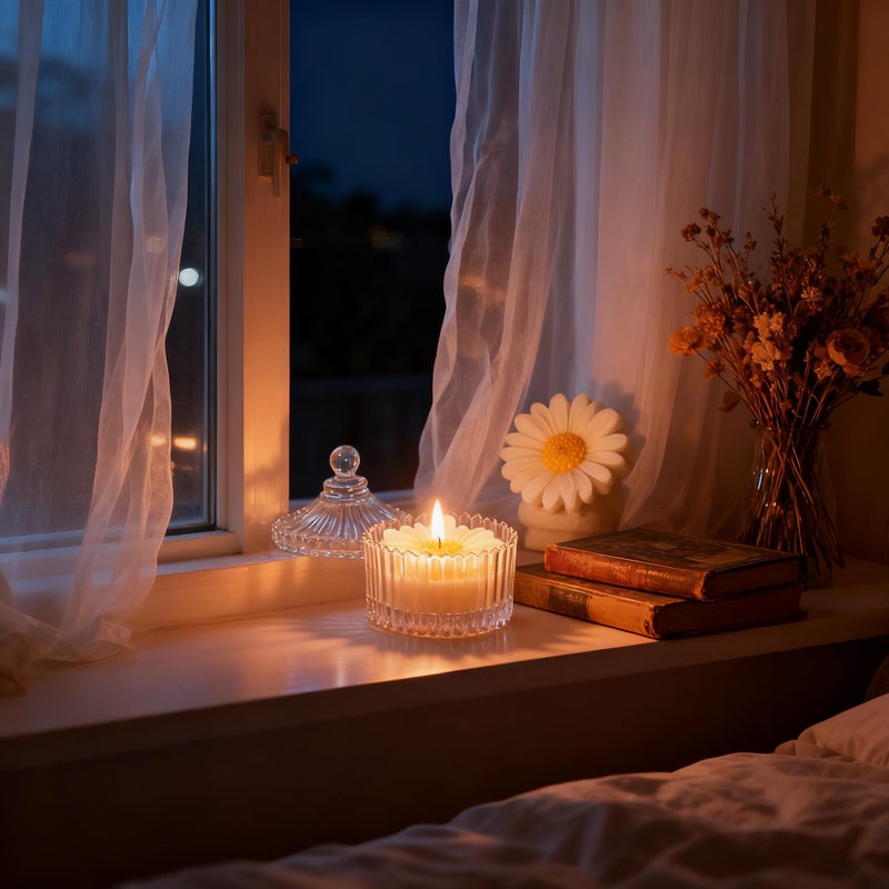 Daisy Flower Aroma Candle230G Soy Wax Scented Decorative Candle in Glass Jar 8 HoursHandmade Candle for Table Photo PropPrefect Gift for Meditation Stress Relief Mood Boosting Bath Yoga