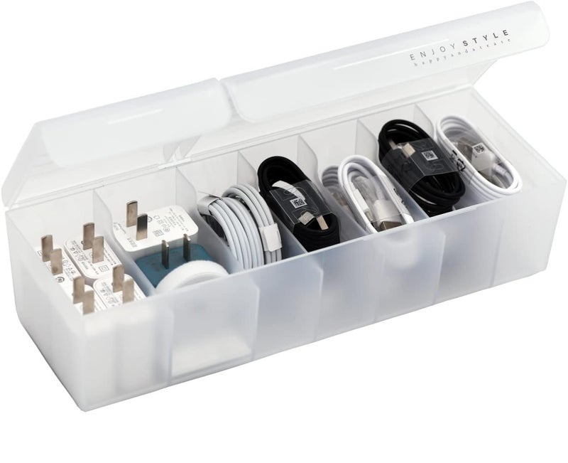 HOME CUBE Plastic Data Cable Organizer Box Charger Cable Management 7 Compartments Storage Box For Usb Cord Sorter, Cards, Paper Clips, Mobile Charger, Stationary Items (White) - Image 1