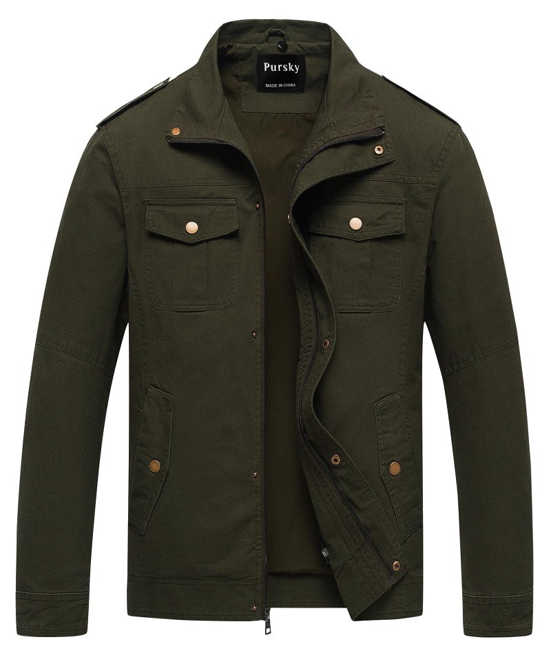 Pursky Men's Winter Coats Utility Work Wear Casual Military Canvas Lapel Jacket Army Green 3XL - Image 1