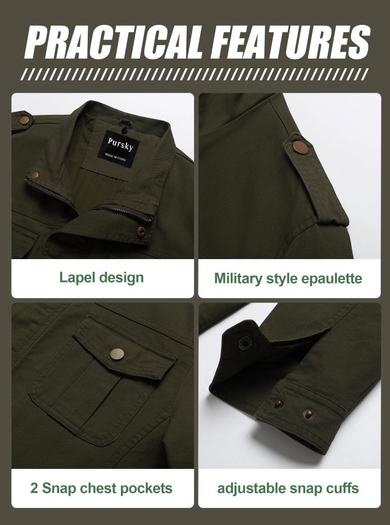 Pursky Men's Winter Coats Utility Work Wear Casual Military Canvas Lapel Jacket Army Green 3XL - Image 5