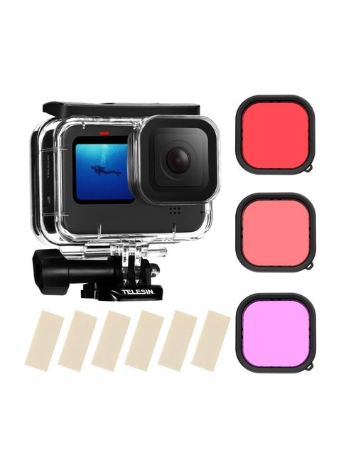 TELESIN Waterproof Case with 3-Pack Dive Filter for GoPro Hero 10 Hero 9 Black Supports 60M/196FT Underwater Scuba Snorkeling Deep Diving with Red Magenta Filter Bracket Screw Go Pro Accessories