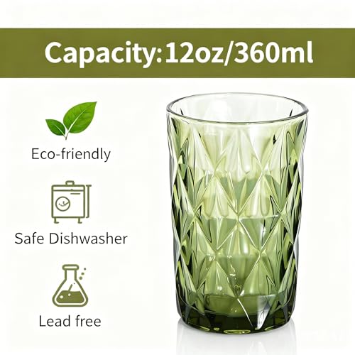 Bandesun Thick Glassware Drinking Glass set of 6 Diamond Kitchen Glasses Tumbler Cup（12 OZ），for Water，Cocktail，Milk，Juice and Beverage. - Image 2