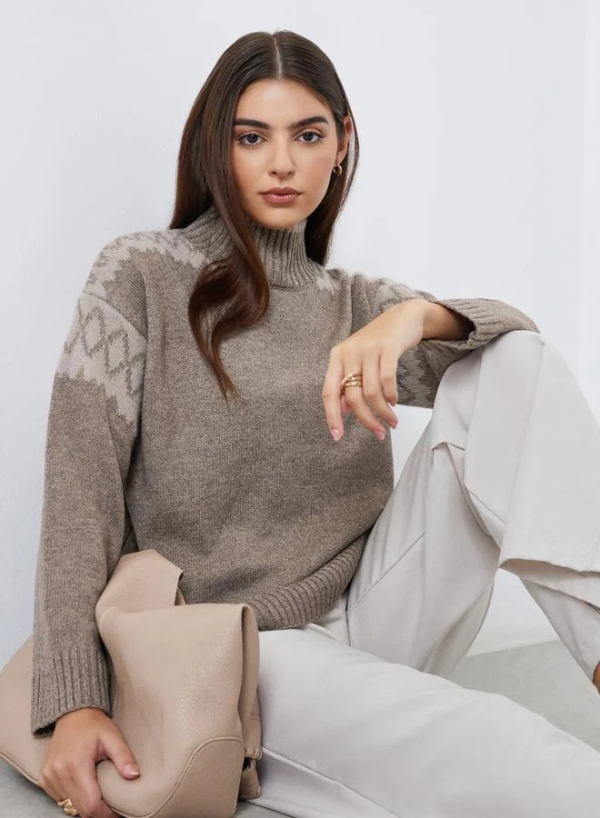 Styli Brown Regular Fit Fair Isle Knit Sweater