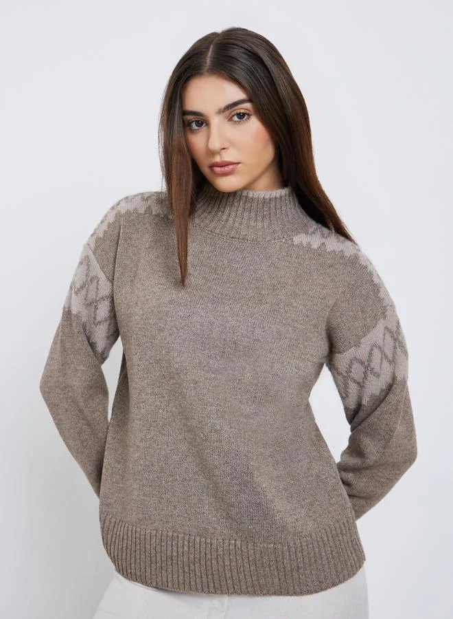 Styli Styli Brown Regular Fit Fair Isle Knit Sweater