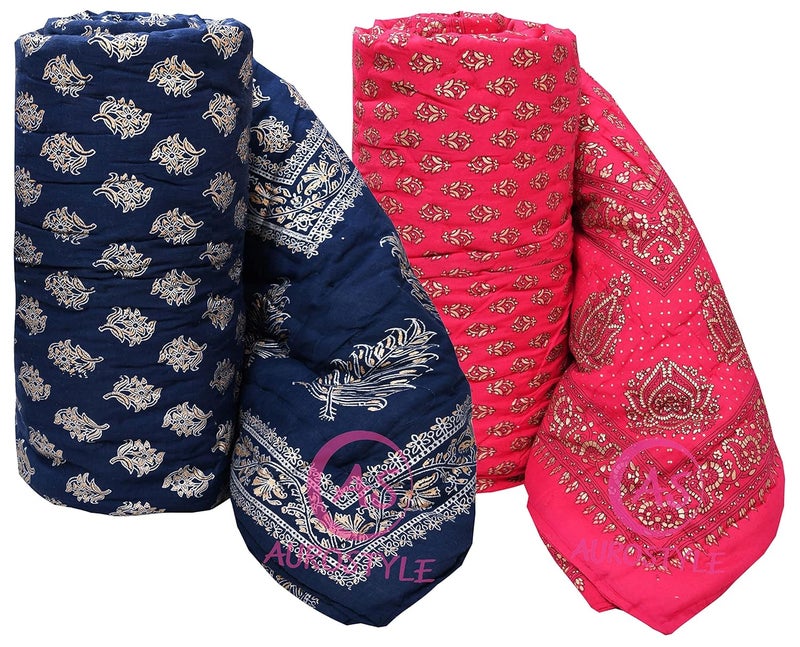 WORLDNEX 400 TC Pure Cotton Jaipuri Design Printed Light Weight Traditional Rajasthani Print Single Bed QuiltRazaiRajai Design 19 Single Bed Set of 2 Combo Set - Image 1