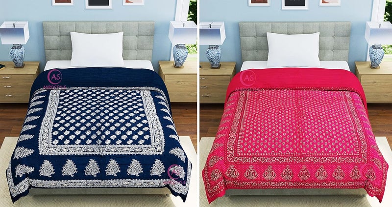 WORLDNEX 400 TC Pure Cotton Jaipuri Design Printed Light Weight Traditional Rajasthani Print Single Bed QuiltRazaiRajai Design 19 Single Bed Set of 2 Combo Set - Image 5