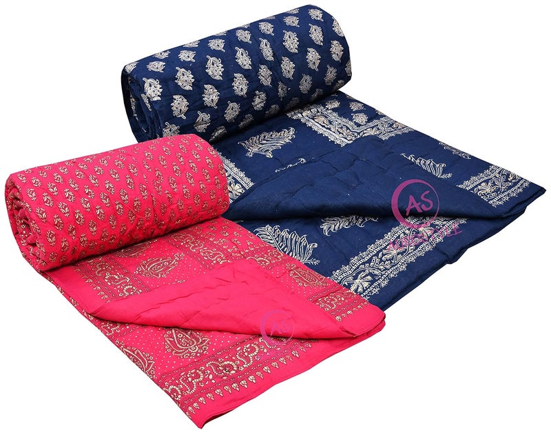 WORLDNEX 400 TC Pure Cotton Jaipuri Design Printed Light Weight Traditional Rajasthani Print Single Bed QuiltRazaiRajai Design 19 Single Bed Set of 2 Combo Set - Image 2