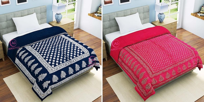 WORLDNEX 400 TC Pure Cotton Jaipuri Design Printed Light Weight Traditional Rajasthani Print Single Bed QuiltRazaiRajai Design 19 Single Bed Set of 2 Combo Set - Image 4