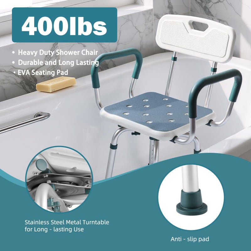 Aidwaygo Swivel Shower Chair with Arms and Back, 400 lbs Heavy Duty Shower Seat for Inside Shower Stall and Bathtub, Height Adjustable Safety Bath Seat for Elderly, Adults, Handicap and Disabled - Image 3