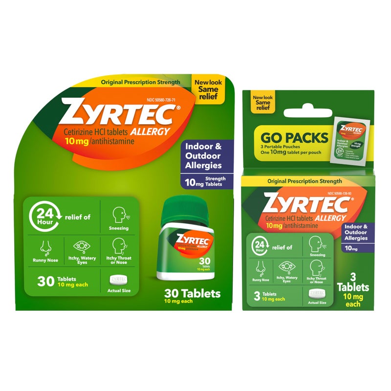 Zyrtec 24 Hour Allergy Relief Tablets, Fast-Acting Allergy Medicine for Indoor & Outdoor Allergies, Cetirizine 10 mg Tablet Antihistamine, 30 ct Bottle & 3 Single-Dose Travel Packs Bundle Pack - Image 1