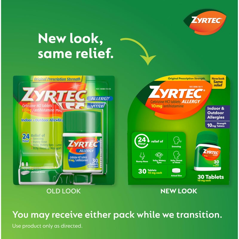 Zyrtec 24 Hour Allergy Relief Tablets, Fast-Acting Allergy Medicine for Indoor & Outdoor Allergies, Cetirizine 10 mg Tablet Antihistamine, 30 ct Bottle & 3 Single-Dose Travel Packs Bundle Pack - Image 2