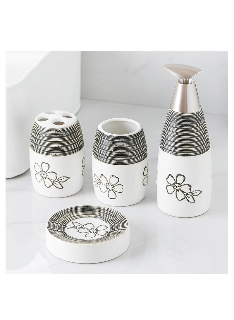 Beauenty Elegant 4 Piece Ceramic Bathroom Accessory Set , White  Black Flower Stripe Design with Dispenser, Tumbler, Toothbrush Holder  Soap Dish , Modern Vanity Countertop Organizer for Home or Hotel Use