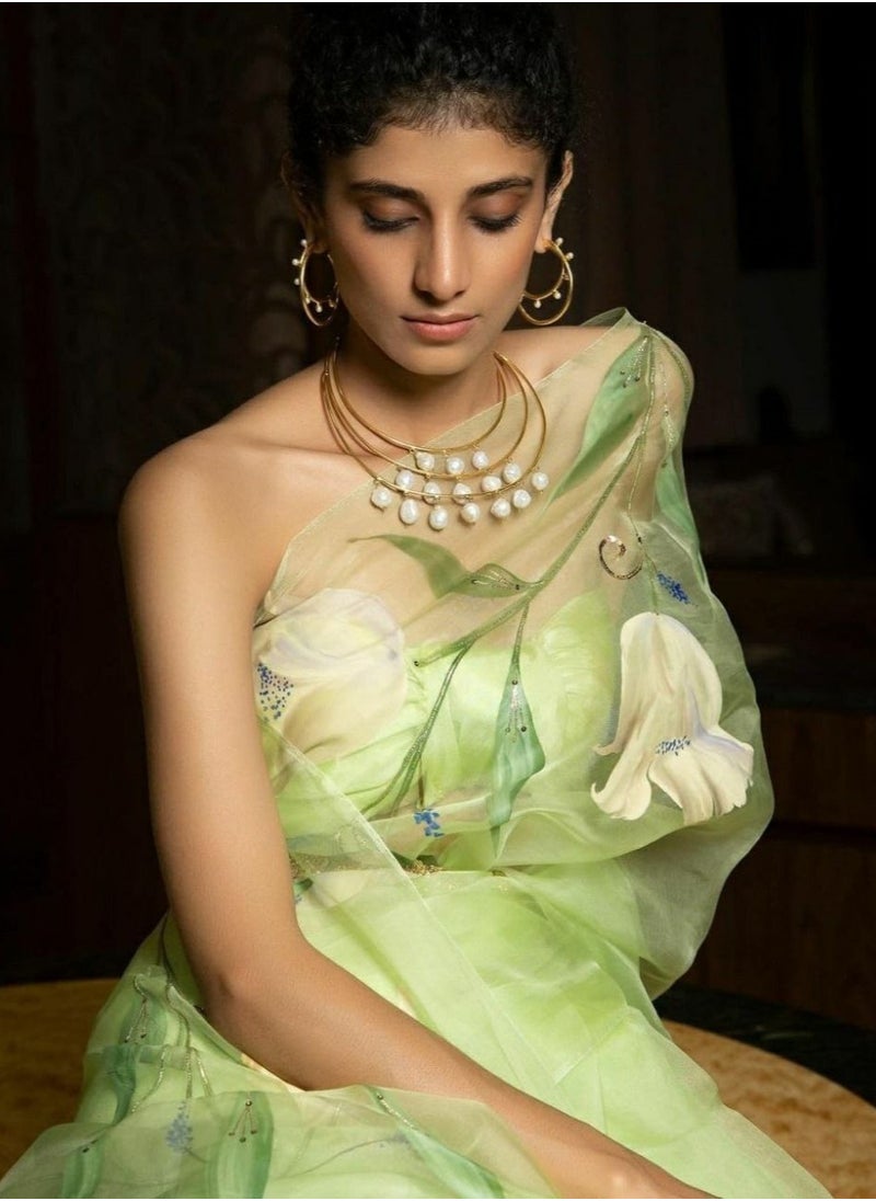 Gulf Vogue - Green Floral Print Organza Saree With Blouse Piecs - Image 1
