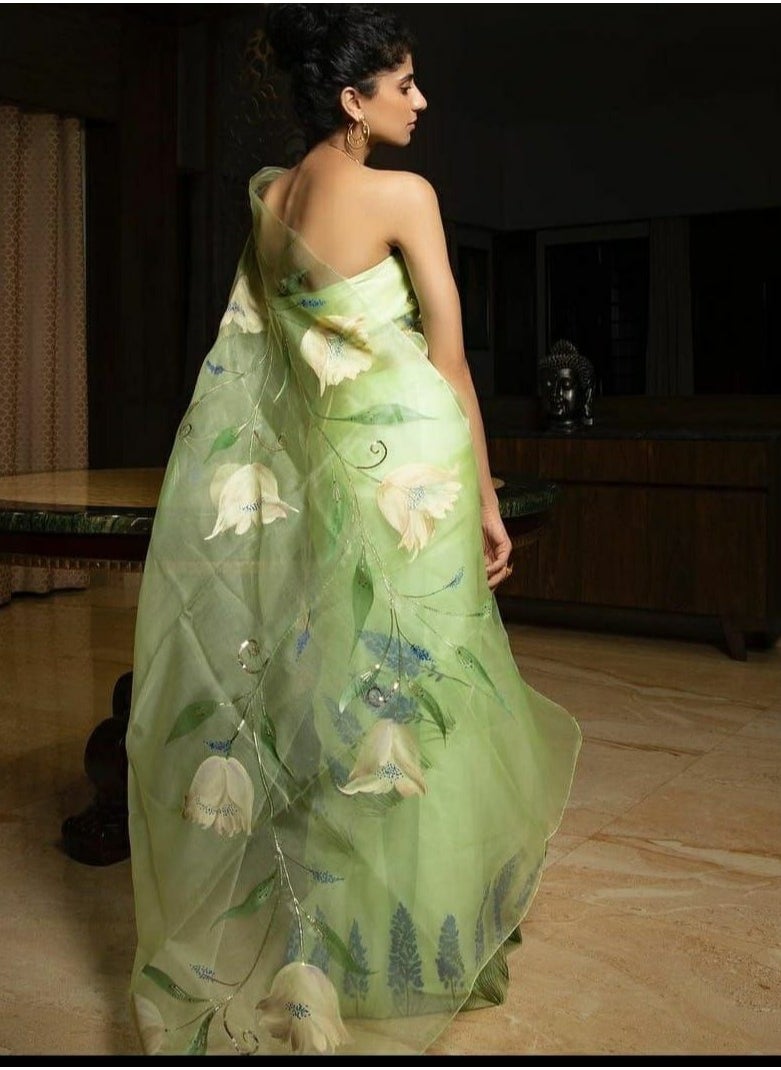 Gulf Vogue - Green Floral Print Organza Saree With Blouse Piecs - Image 1