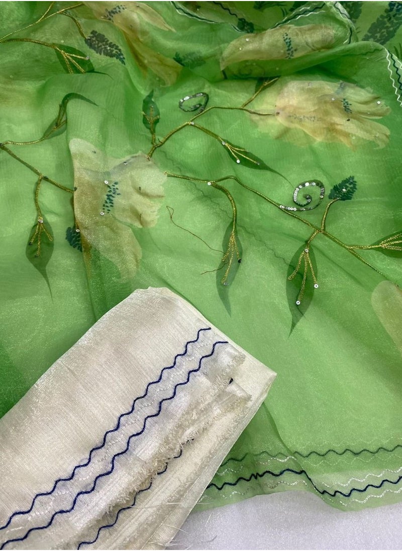 Gulf Vogue - Green Floral Print Organza Saree With Blouse Piecs - Image 1