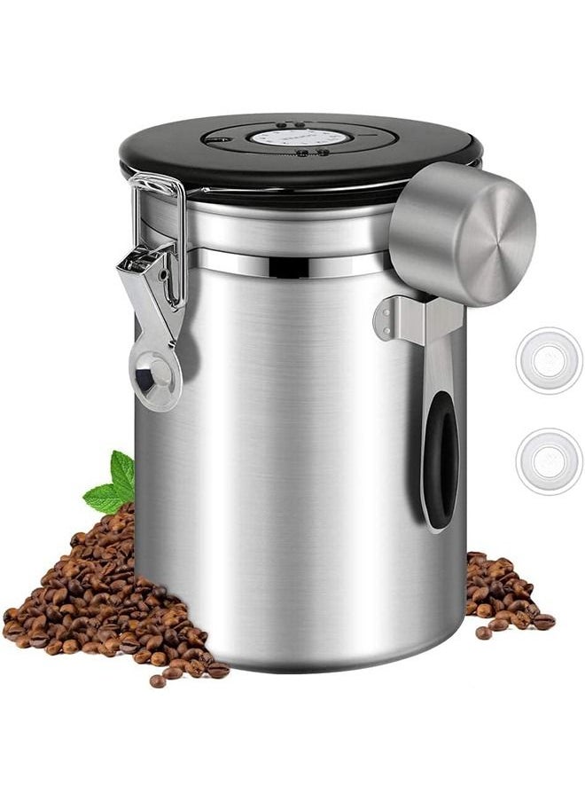 Arabest - Coffee Canister Large Airtight Stainless Steel Storage, with Built-in CO2 Gas Vent Valve & Date Tracking Wheel, with Scoop, 2 Spare Filter Replacements (Silver) - Image 1