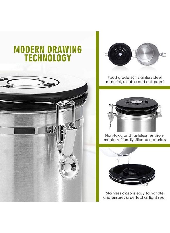 Arabest - Coffee Canister Large Airtight Stainless Steel Storage, with Built-in CO2 Gas Vent Valve & Date Tracking Wheel, with Scoop, 2 Spare Filter Replacements (Silver) - Image 1
