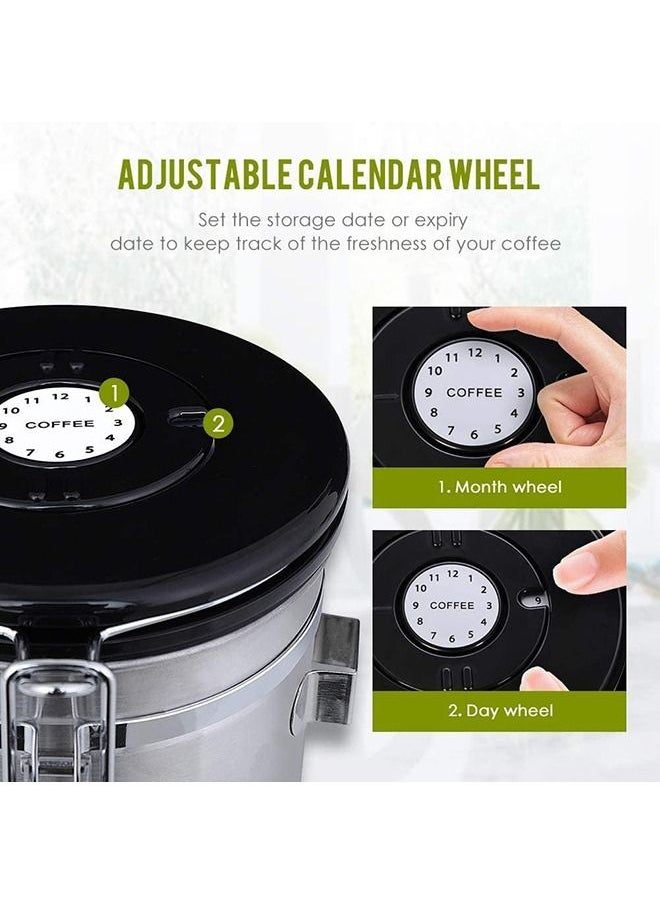 Arabest - Coffee Canister Large Airtight Stainless Steel Storage, with Built-in CO2 Gas Vent Valve & Date Tracking Wheel, with Scoop, 2 Spare Filter Replacements (Silver) - Image 1