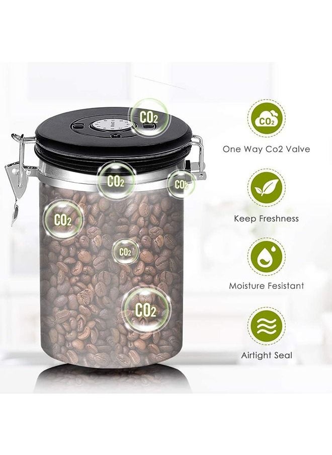 Arabest - Coffee Canister Large Airtight Stainless Steel Storage, with Built-in CO2 Gas Vent Valve & Date Tracking Wheel, with Scoop, 2 Spare Filter Replacements (Silver) - Image 1