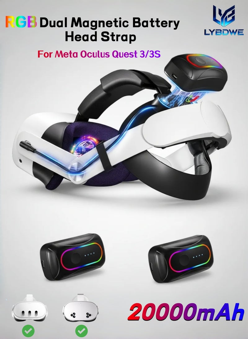 LYBDWE 10000mAh + 10000mAh RGB Battery Head Strap Compatible with Meta/Oculus Quest 3 & 3S – Includes 2 Rechargeable Magnetic Battery Packs for Charging and Extended Playtime – Adjustable Head Strap VR Accessories - Image 1
