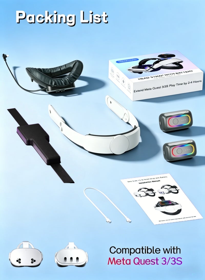 LYBDWE 10000mAh + 10000mAh RGB Battery Head Strap Compatible with Meta/Oculus Quest 3 & 3S – Includes 2 Rechargeable Magnetic Battery Packs for Charging and Extended Playtime – Adjustable Head Strap VR Accessories - Image 5