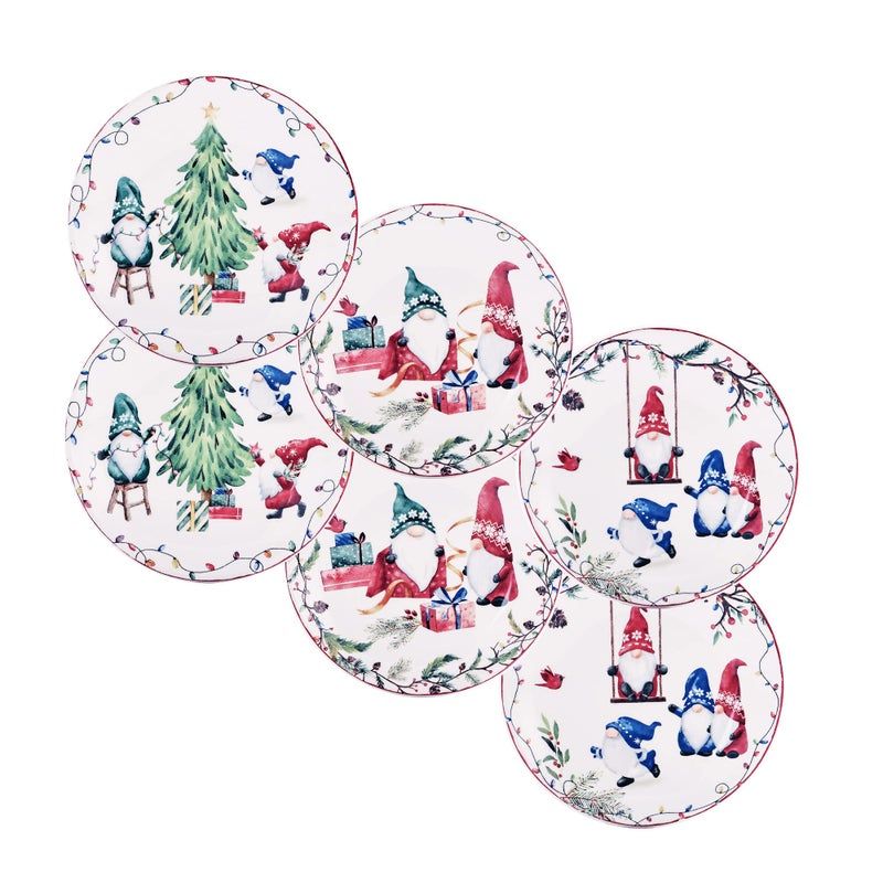 Bico Christmas Gnomes 6 inch Ceramic Appetizer Plate Set of 6 for Salad Appetizer Snacks Microwave  Dishwasher Safe