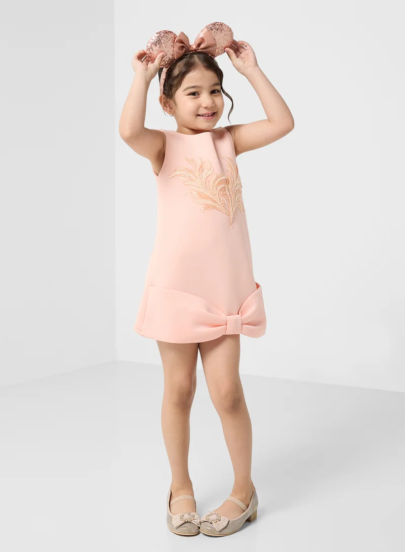 ليتل جولدن ابل Little Cut Sleeves With Bow Design Dress