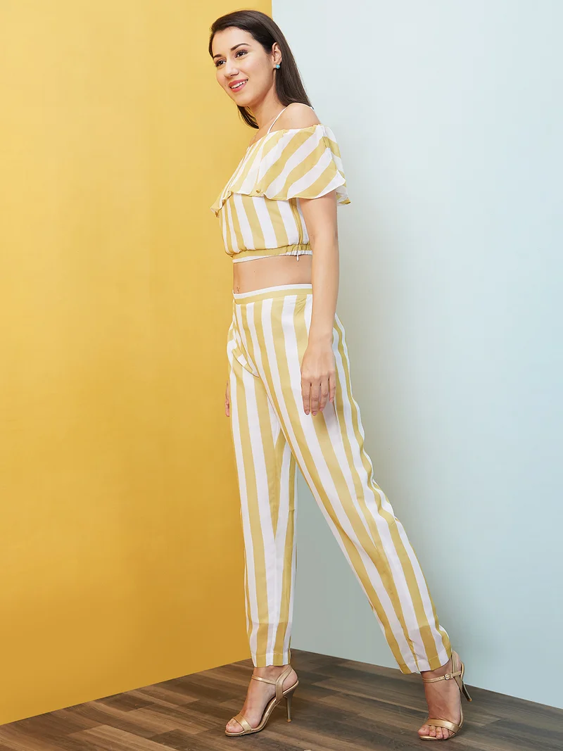 globus Women Yellow Striped Off-Shoulder Co-Ord Set With Top & Palazzo