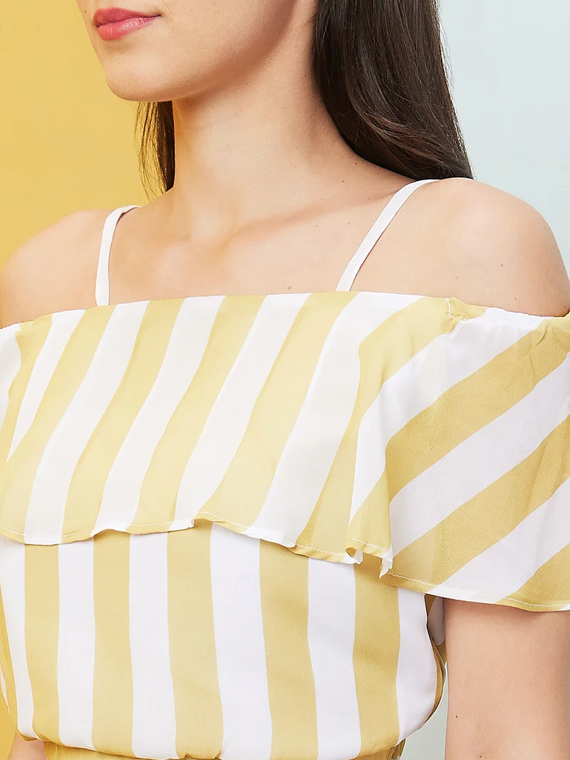 globus Women Yellow Striped Off-Shoulder Co-Ord Set With Top & Palazzo
