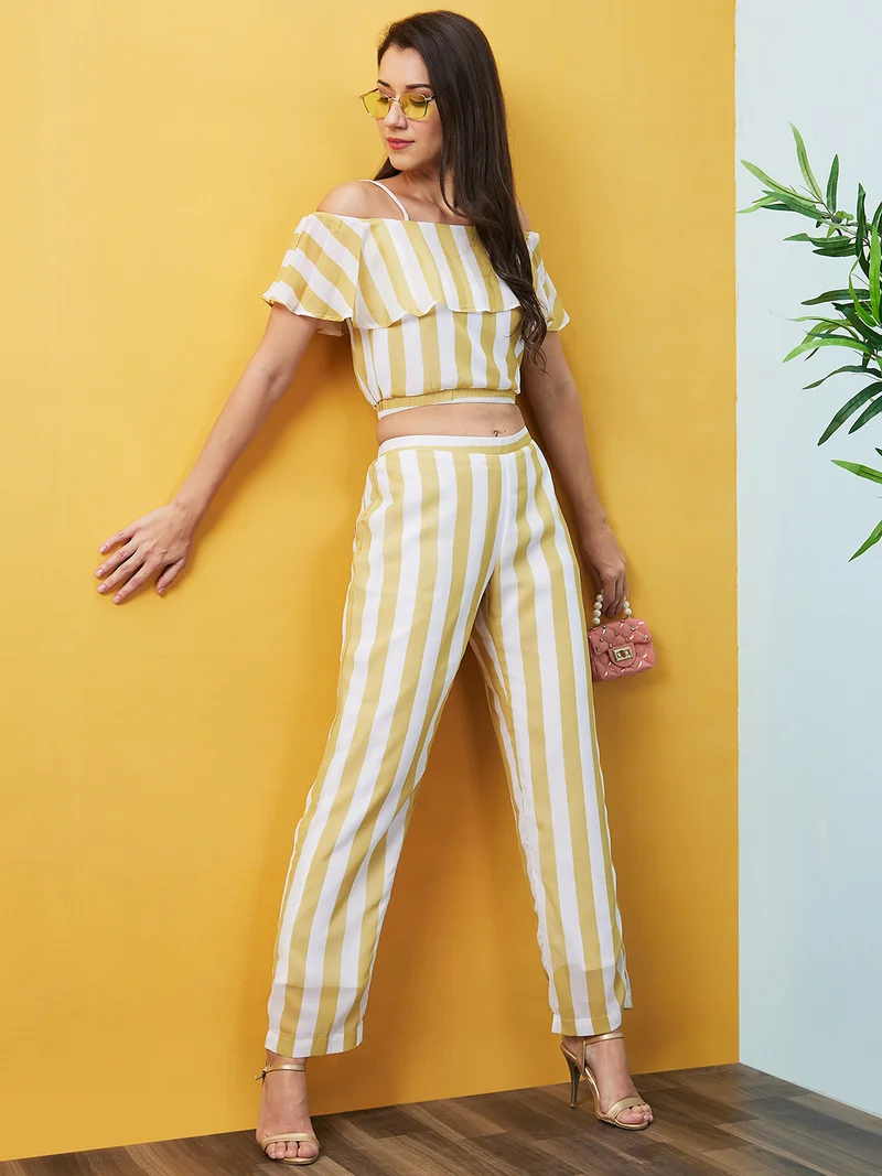 globus Women Yellow Striped Off-Shoulder Co-Ord Set With Top & Palazzo