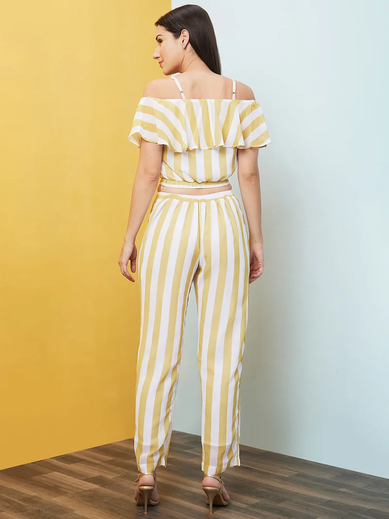 globus Women Yellow Striped Off-Shoulder Co-Ord Set With Top & Palazzo